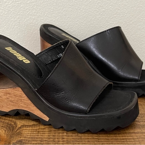 Bongo Vintage Women’s Black Leather Cut Out Wooden Heeled Wedge Shoe Size 6 - Picture 7 of 11